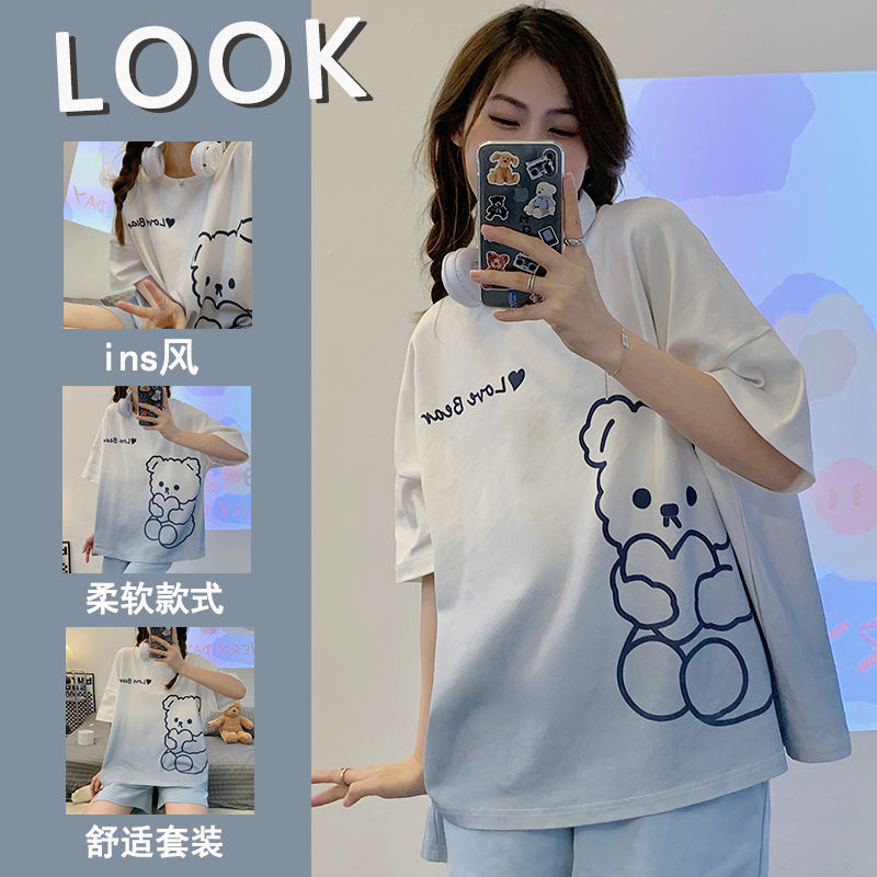 『藍色小熊』日系卡通2023年新款短袖睡衣女夏季可外穿家居服套裝