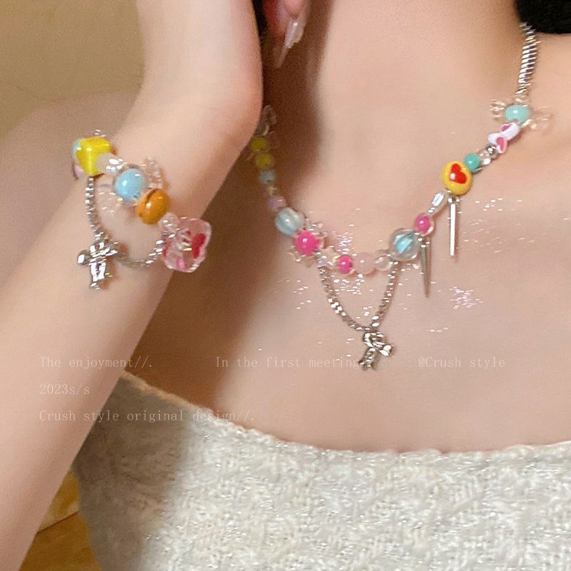 Candy sweetheart! Colorful bow tassel necklace female niche design net red accessories sweet cool hot girl clavicle chain