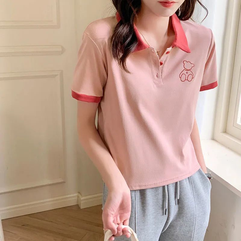 2023 summer new pink Polo collar short-sleeved T-shirt women's inner wear small shirt design sense niche short top trend