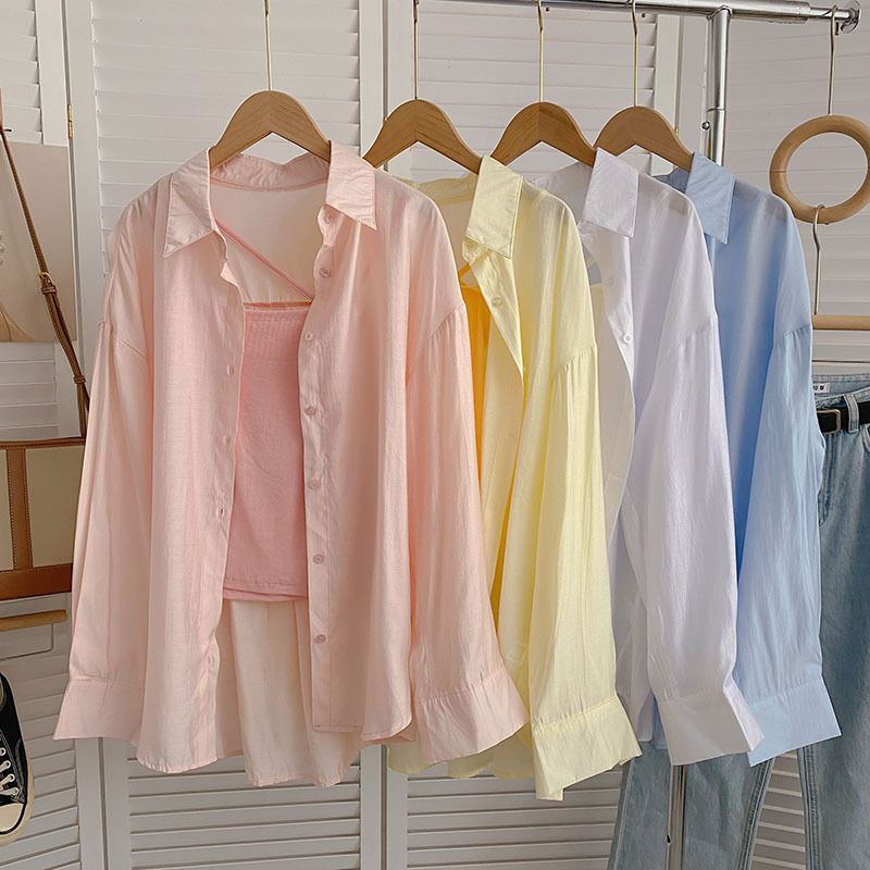 夏季新款韩版中长款纯色外搭长袖衬衫薄款防晒衣洋气清新超仙上衣