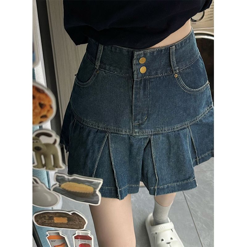 高腰百褶牛仔半身裙女夏新款寬鬆顯瘦大碼胖mm遮胯a字包臀短裙子