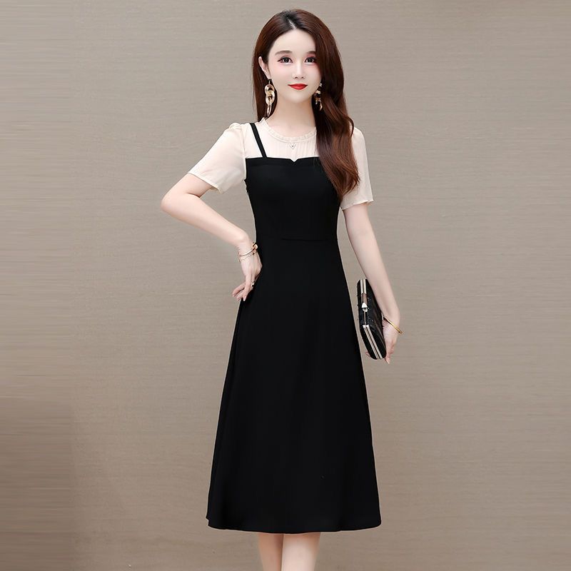 吊带连衣裙2023年新款夏装女时尚韩版流行假两件木耳领短袖小黑裙