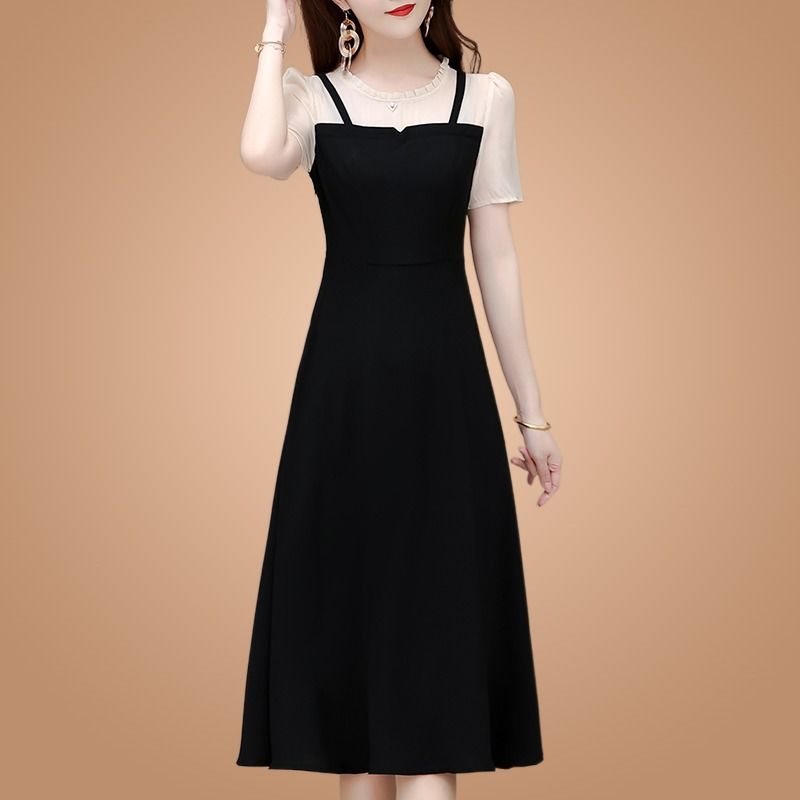 吊带连衣裙2023年新款夏装女时尚韩版流行假两件木耳领短袖小黑裙