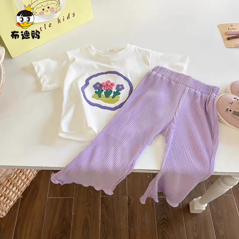 女童夏装时髦套装新款韩版儿童白色印花T恤紫色喇叭裤两件套