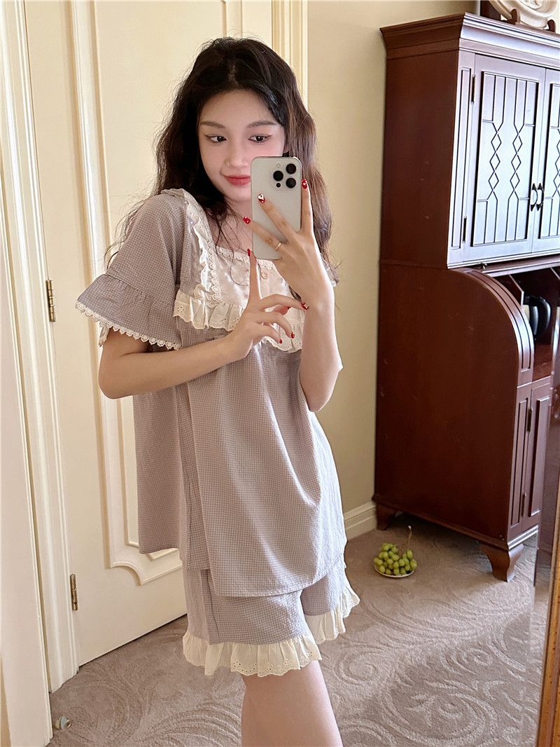 Ruffled princess style lace square collar sweet student pajamas women's summer short-sleeved shorts home service suit outerwear