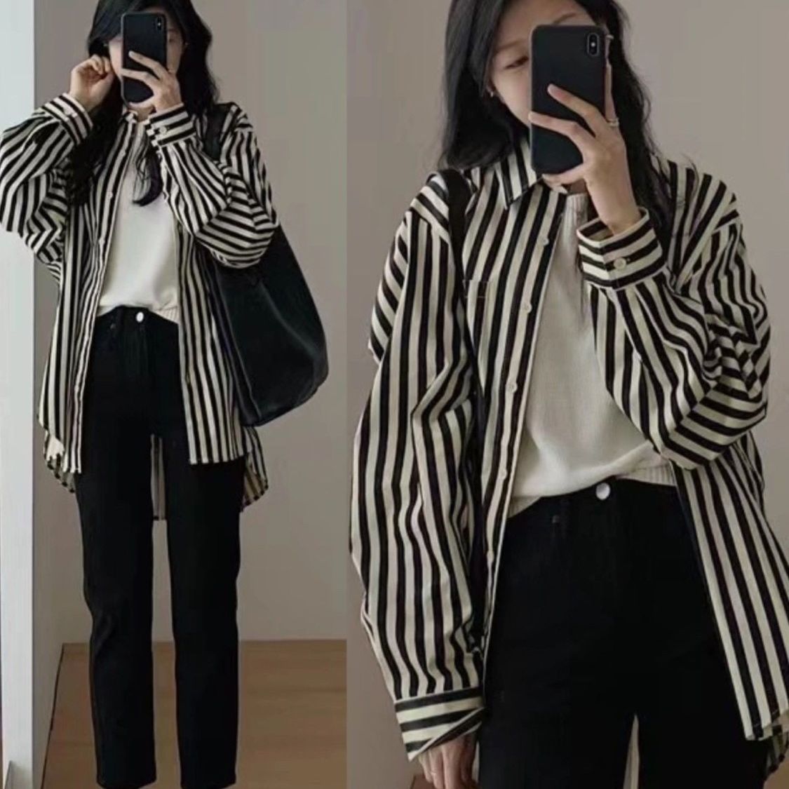 Grigio's new spring and summer fashionable long-sleeved lightweight mid-length loose striped versatile sun protection shirt jacket for women