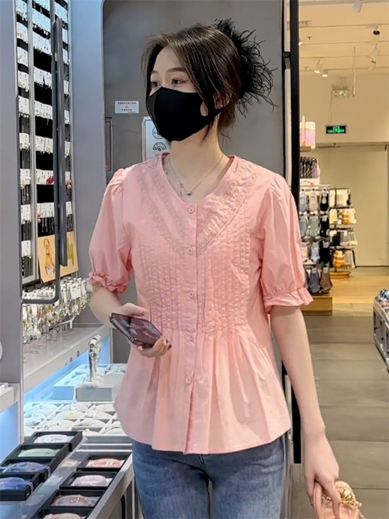 藍海奕諾V領短袖拼接設計感襯衫女2023夏季新款寬鬆顯瘦襯衣小衫