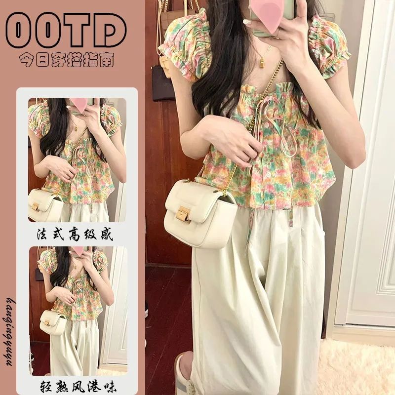 兩件套裝/單件夏季新款碎花襯衫泡泡袖方口領上衣女白色直筒褲ins