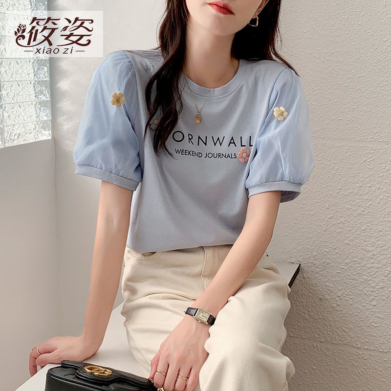 筱姿泡泡袖純棉短袖t恤女裝2023年新款上衣設計感小眾洋氣百搭潮