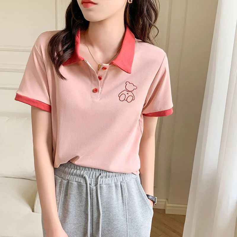 2023 summer new pink Polo collar short-sleeved T-shirt women's inner wear small shirt design sense niche short top trend