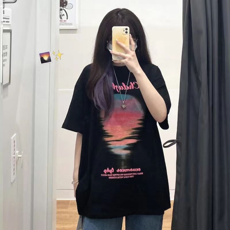 100% cotton ins style American retro niche design short-sleeved t-shirt female oversize trendy brand lazy top