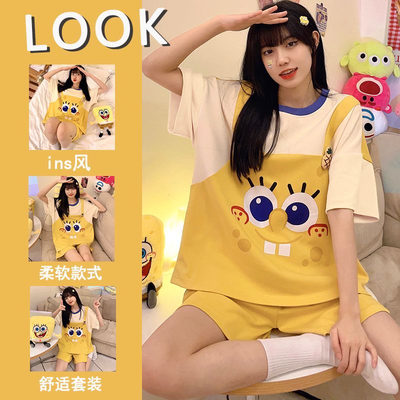 卡通ins睡衣女夏季可愛海綿寶寶薄款短袖短褲學生甜妹家居服套裝