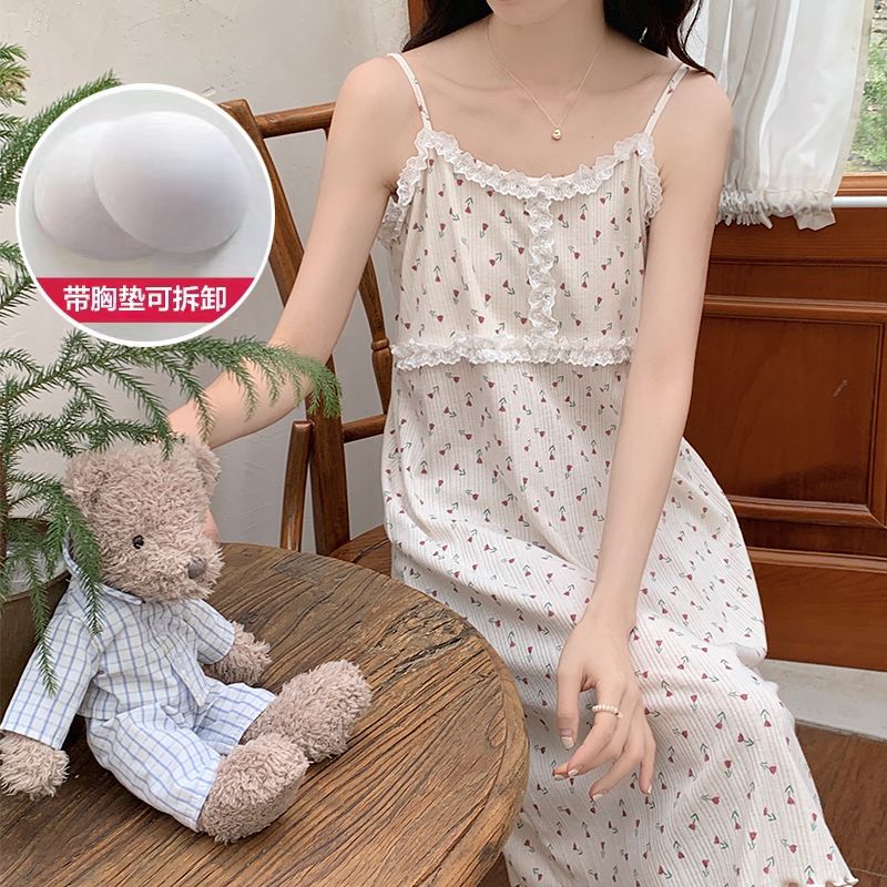 Suspender nightdress female summer pure cotton with chest pad princess style sweet and girly temperament lace over the knee long home clothes
