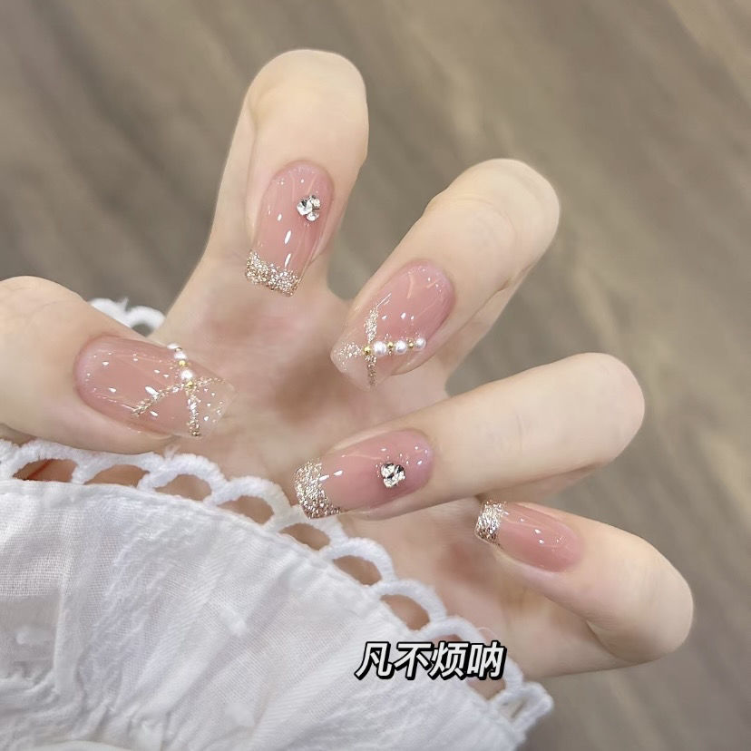 裸色簡約手工穿戴甲美甲貼片春日高級碎鑽法式美甲可拆卸假指甲