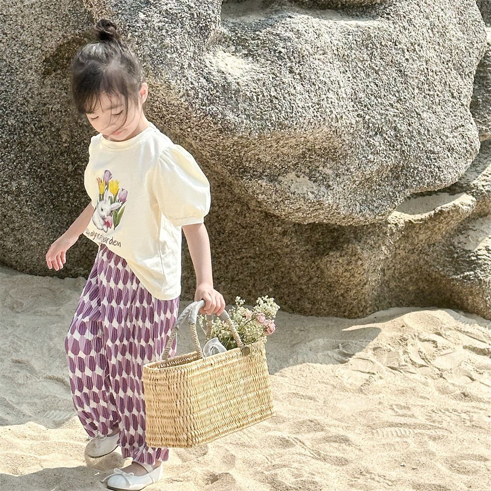 木木屋 韩版儿童休闲裤套装夏季新款女宝宝印花T恤短袖长裤两件套