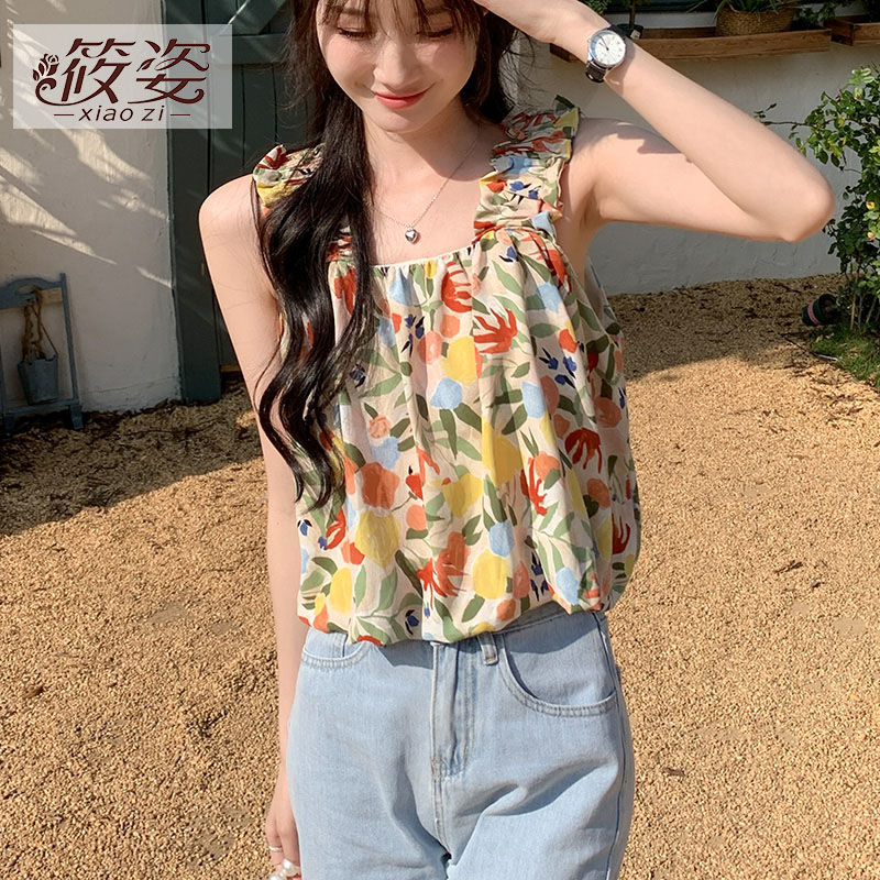 筱姿甜美短款小衫吊帶夏季2023新款修身顯瘦時尚碎花無袖背心上衣