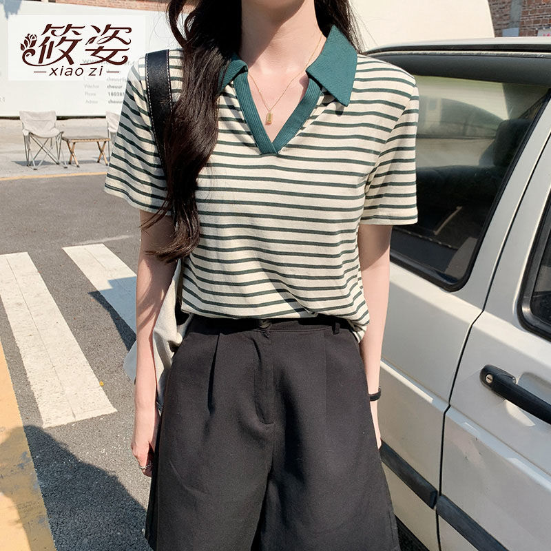 筱姿短款polo衫翻領條紋短袖T恤女裝夏季修身復古正肩v領體恤上衣