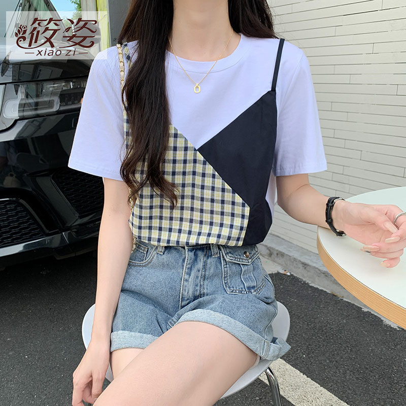 筱姿短袖t恤女夏季洋氣小衫設計感小眾寬鬆假兩件拼接格子上衣服