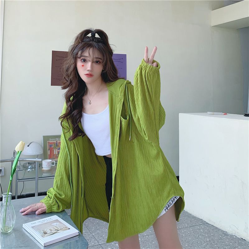 White long-sleeved sun protection clothing for women, summer  new versatile mid-length hooded loose cardigan thin jacket