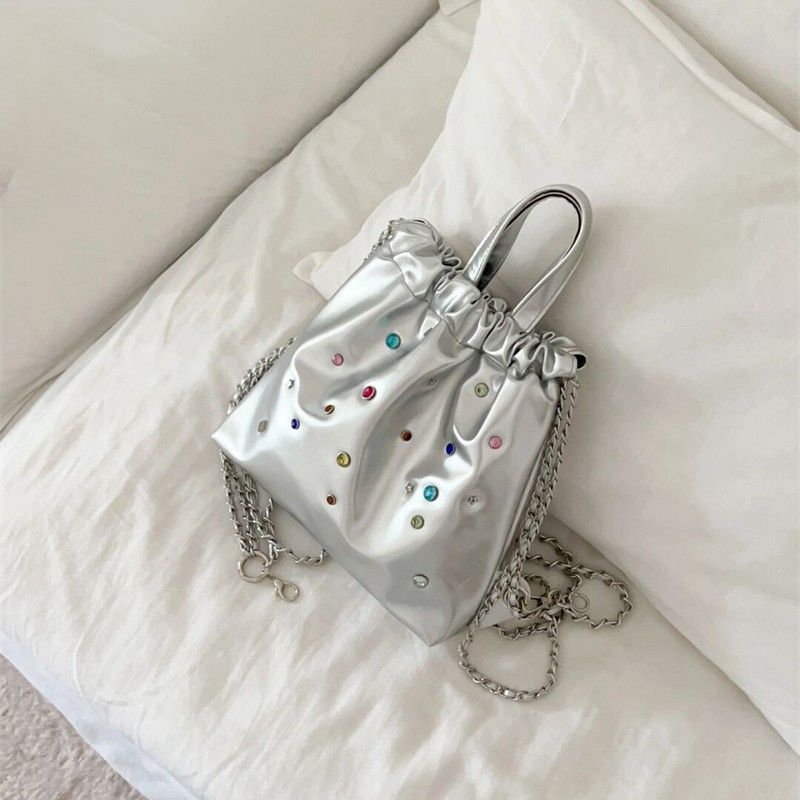 Korean fashion casual women's bag soft leather stitching color gemstone chain backpack large capacity drawstring handbag...