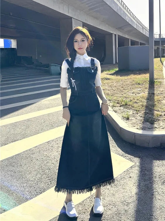 兩件套裝新款高級感氣質收腰背帶裙子水洗牛仔連衣裙襯衫顯瘦顯高