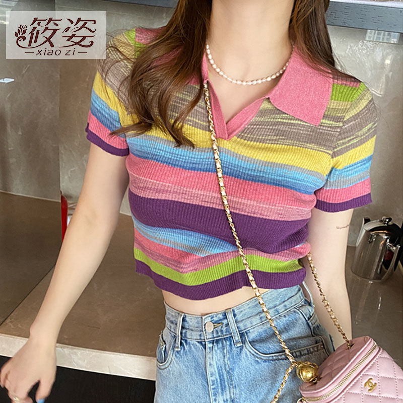 筱姿獨特設計感2023夏季短款polo翻領彩虹條紋針織短袖T恤上衣女