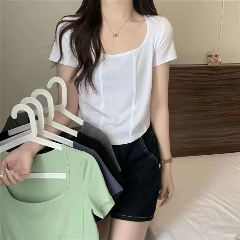 American style front shoulder pure desire new square collar American style front shoulder t-shirt female ins cute slimming fish bone top with belly cover