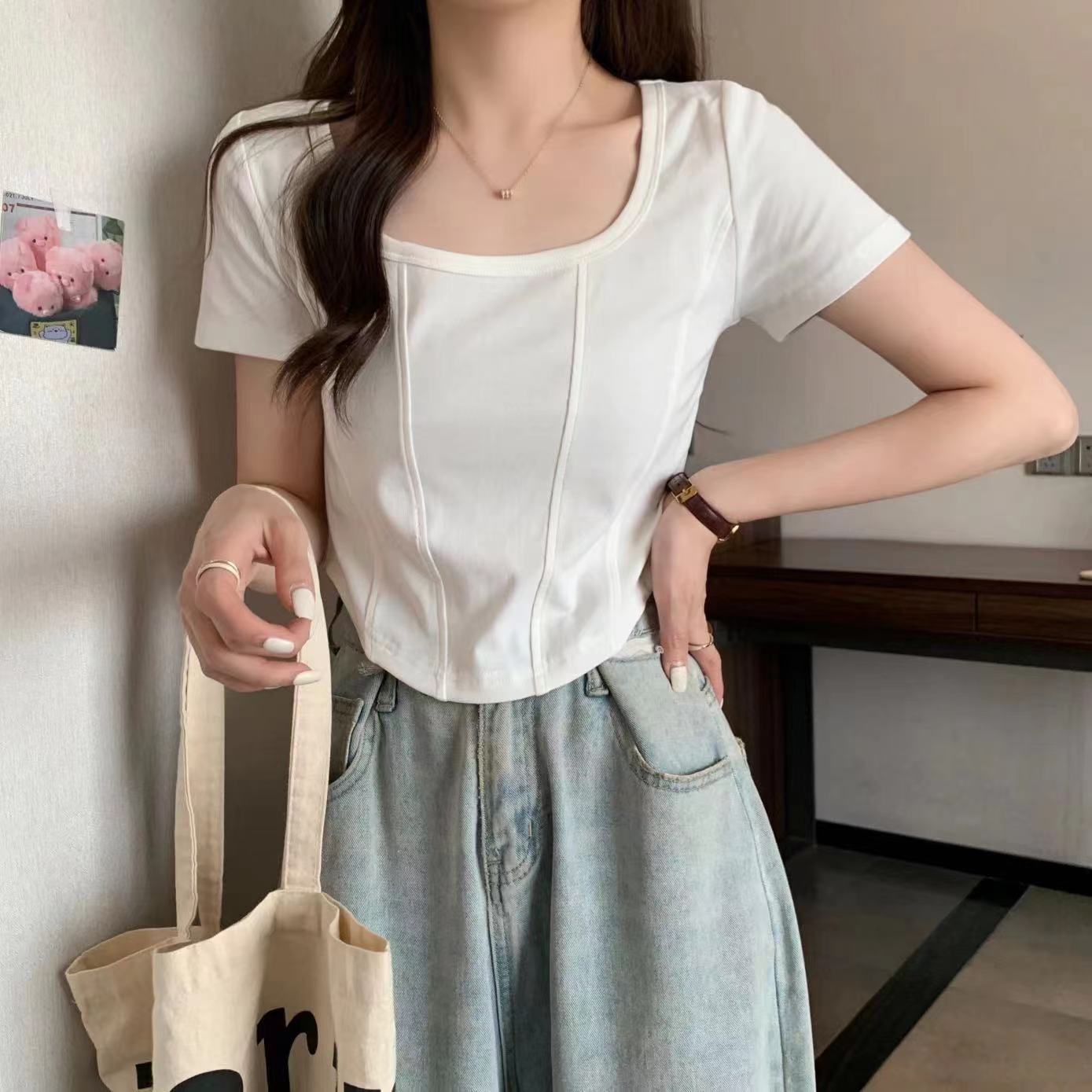Fashion chic square collar top short-sleeved top women's foreign style all-match summer design sense temperament shoulder t-shirt French style