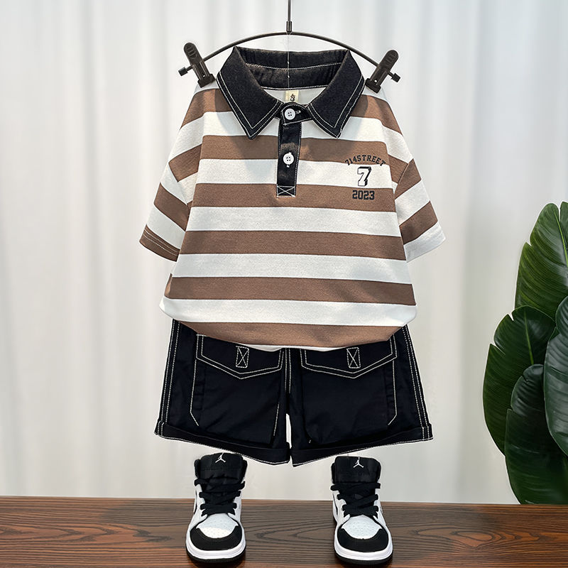 男宝宝夏季短袖套装洋气薄款条纹2023新款儿童衣服帅气时髦两件套
