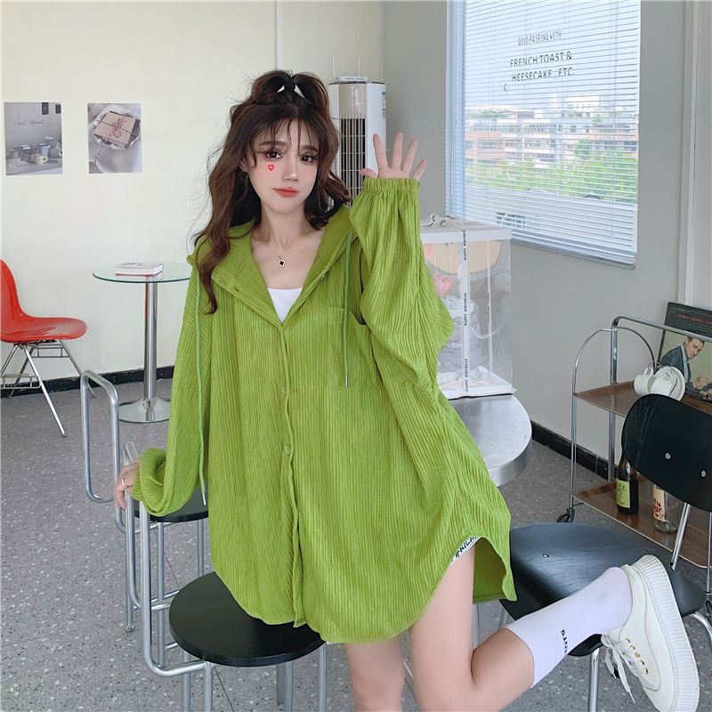 White long-sleeved sun protection clothing for women, summer  new versatile mid-length hooded loose cardigan thin jacket