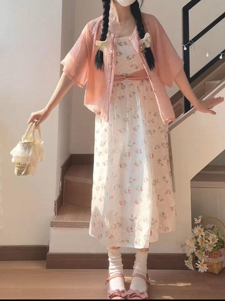 New Chinese pastoral style super fairy country style floral dress girls students + pink short-sleeved cardigan two-piece suit