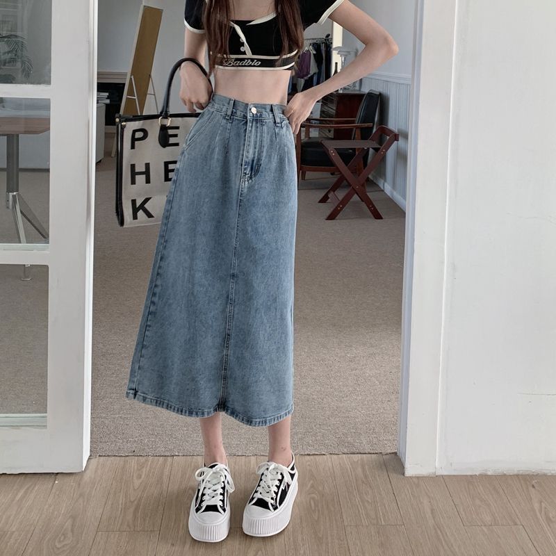 Retro slit denim skirt  women's summer mid-length high-waisted a-line skirt niche slimming hip skirt