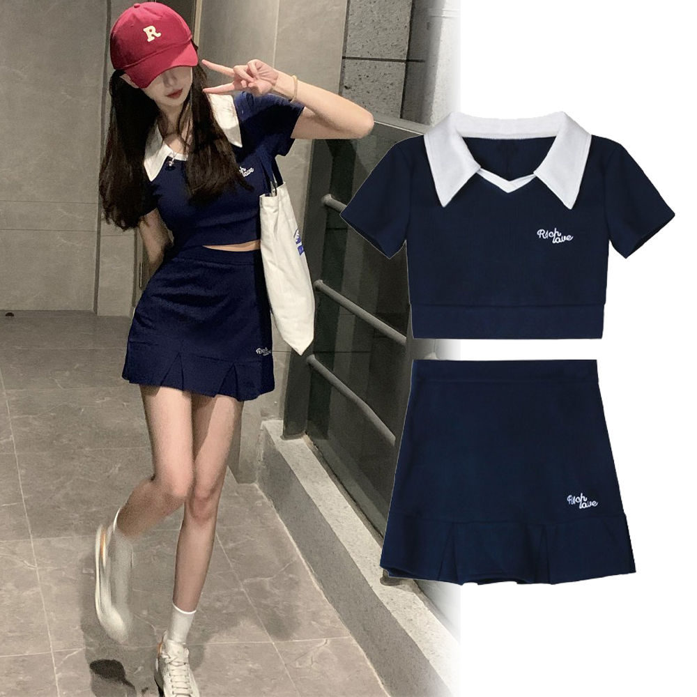 純欲風辣妹半身裙套裝夏季顯瘦polo領短上衣魚尾包臀裙短裙兩件套