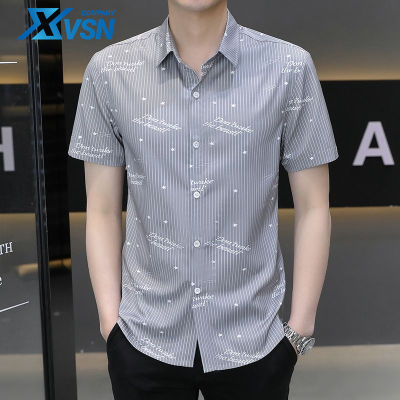 Printed ice silk shirt men's short-sleeved Korean style trendy handsome one-inch clothing business casual summer ice breathable shirt men