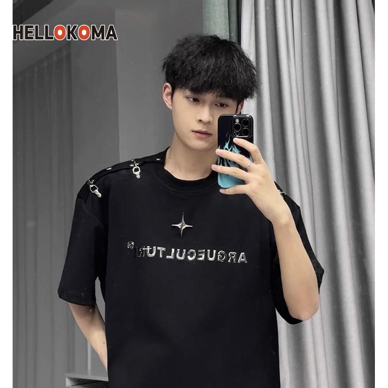 HK高街純棉短袖t恤男金屬扣小眾設計感印花夏季寬鬆五分袖上衣女