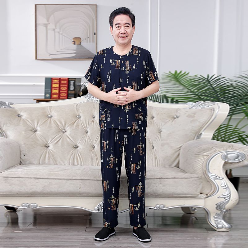 中老年男士綿綢開衫套裝夏季短袖套裝爸爸裝大碼家居服睡衣兩件套