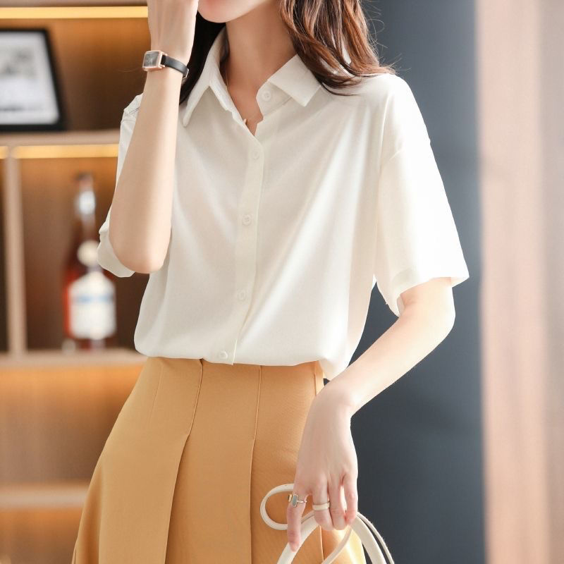 Grigio Hong Kong style short-sleeved shirt, summer versatile design, simple professional OL interview white shirt top for women