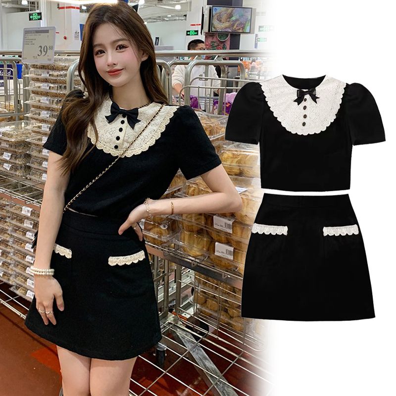 Small fragrant style two-piece skirt suit for women, pure sexy hottie lace short top, high-waisted skirt, hip-covering skirt
