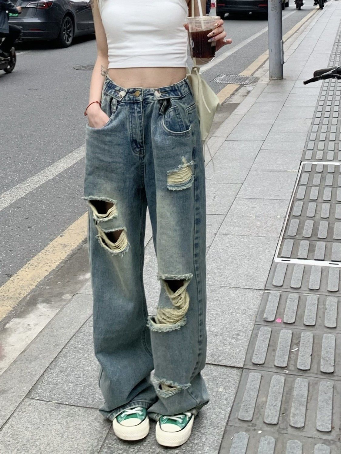 高街復古破洞牛仔褲女夏季新款高腰顯瘦寬鬆港風垂感直筒闊腿褲子