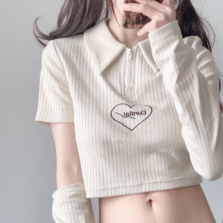 袖套T恤女2023新款夏季韩系设计感小众polo领短款甜辣上衣女学生