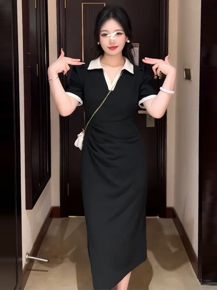 大碼胖MM設計感撞色polo領連衣裙女夏季不規則收腰顯瘦開叉長裙子