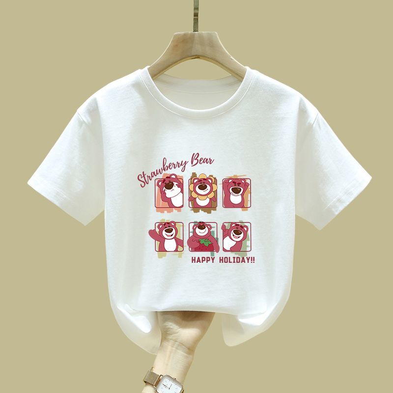 童装女童100%纯棉短袖t恤夏季新款潮流中小童卡通草莓熊印花上衣