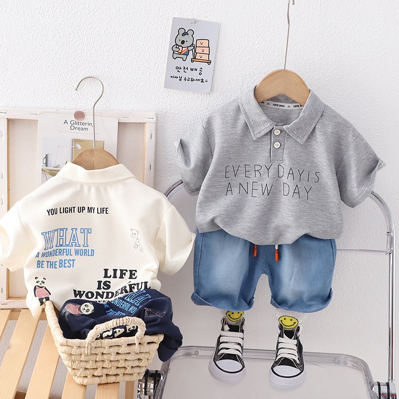 Children's clothing boys short-sleeved suit 2023 new Korean style children's polo shirt foreign handsome baby boy short-sleeved two-piece set