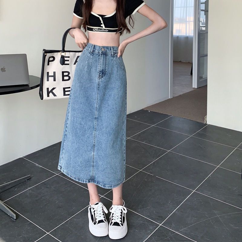 Retro slit denim skirt  women's summer mid-length high-waisted a-line skirt niche slimming hip skirt