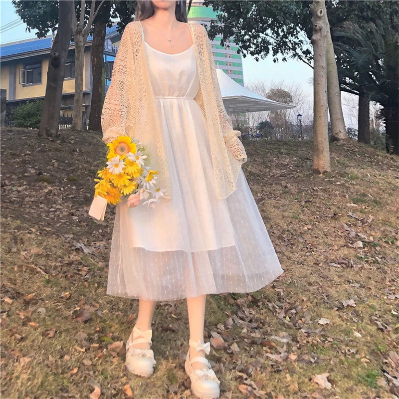 2023春夏新款女裝軟妹蕾絲寬鬆燈籠袖長袖中長款防曬衫薄款雪紡衫