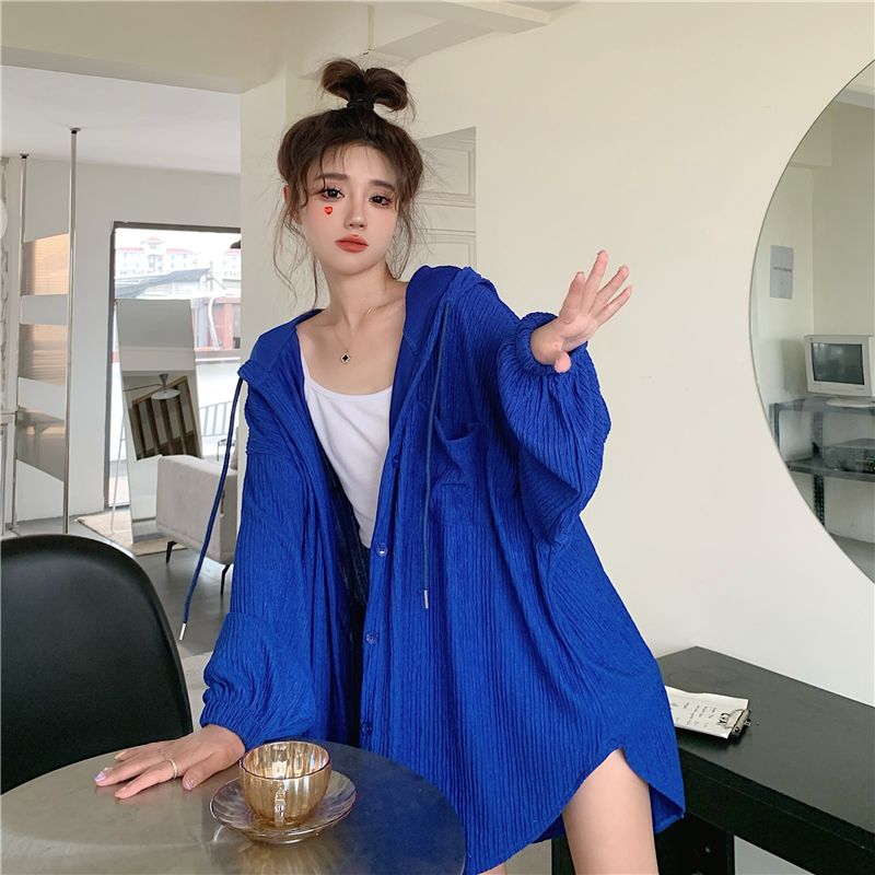 White long-sleeved sun protection clothing for women, summer  new versatile mid-length hooded loose cardigan thin jacket