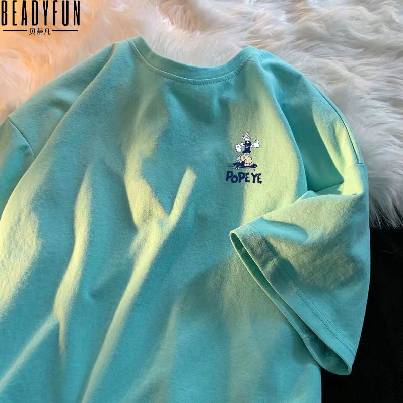 BEADYFUN夏季小眾短袖t恤寬鬆圓領印花半袖男士上衣潮流打底衫ins