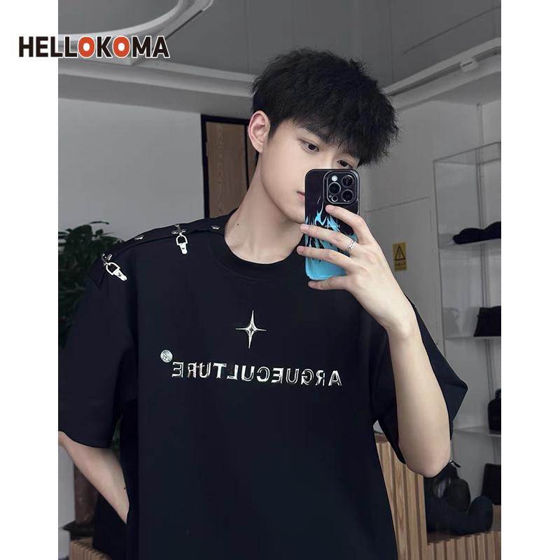 HK嘻哈高街男士短袖t恤金屬扣十字星裝飾100純棉半袖女高級感上衣