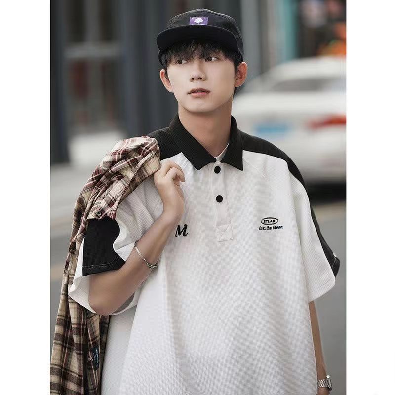 Waffle Polo shirt men's summer American retro contrast color short-sleeved t-shirt trendy brand handsome casual five-quarter sleeve top