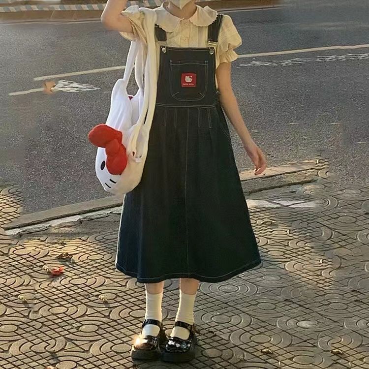 單件/套裝學院風甜妹可愛kitty貓刺繡牛仔背帶裙女學生+杏色襯衫